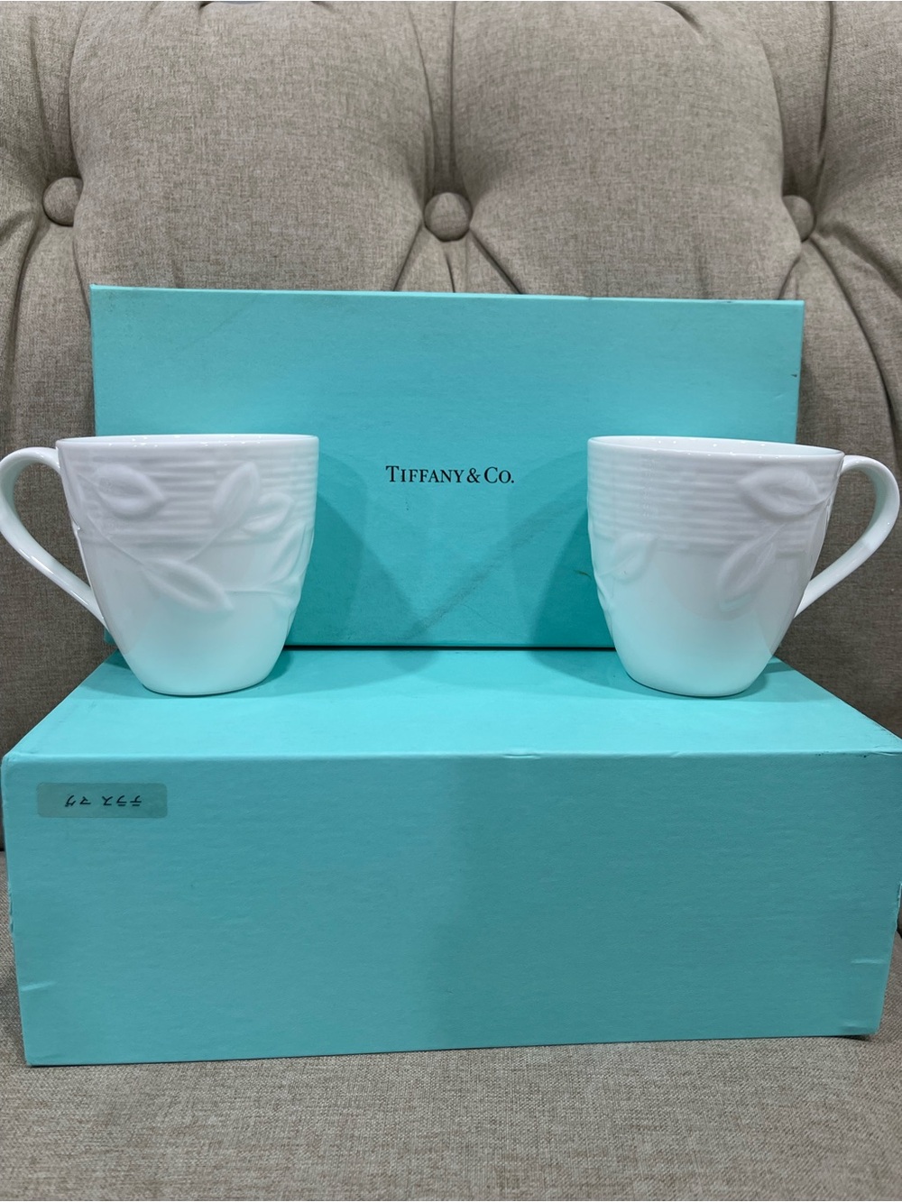 Tiffany & Co. White Porcelain Mugs with Relief Leaf Motif - Pair